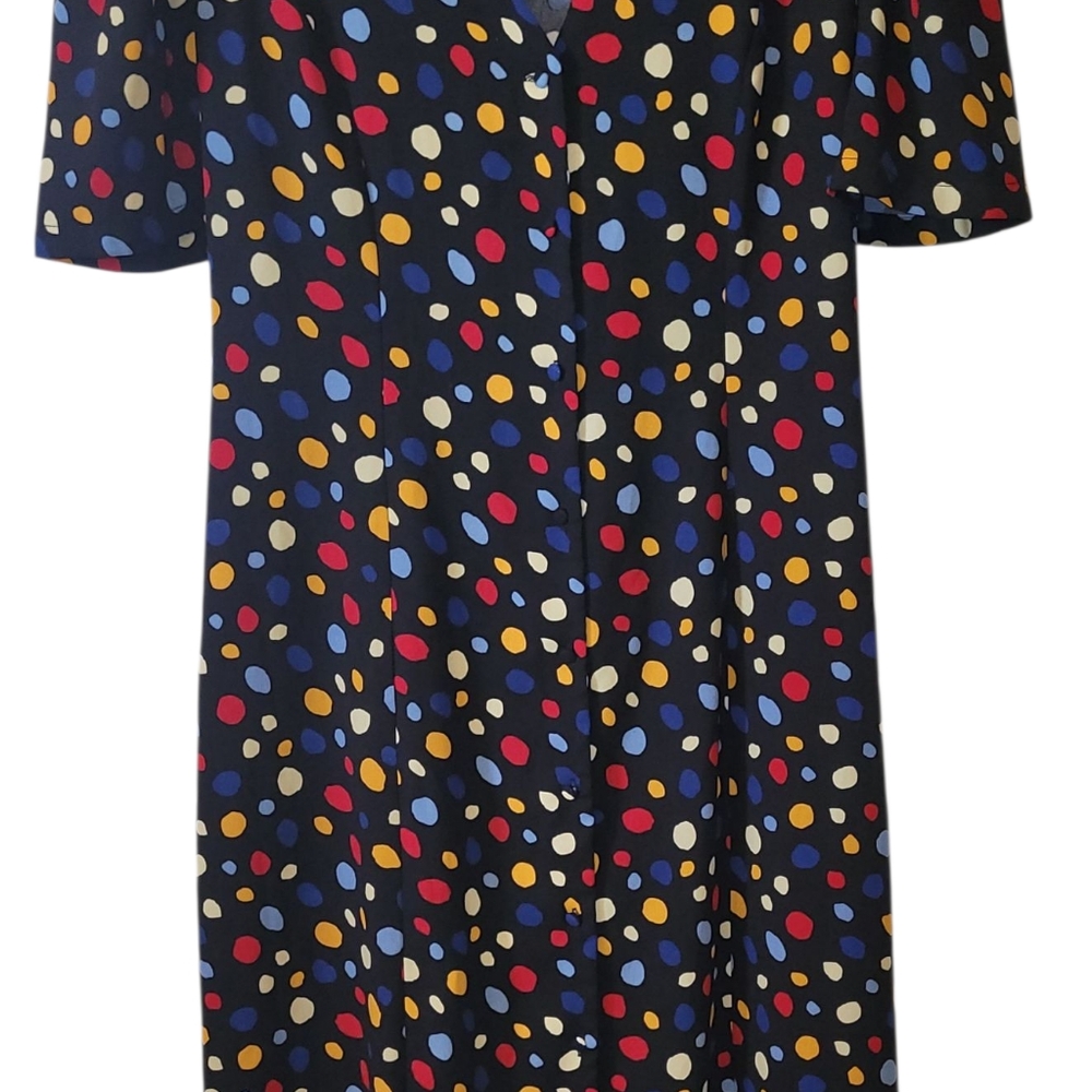 Rihoas Polka Dot Midi Dress Slim Tie Back XL Button Front Fit Flare Black S/S - Picture 3 of 11